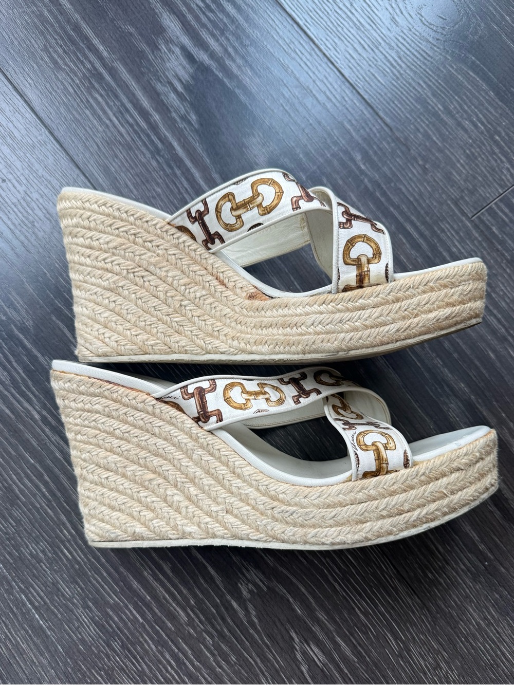 Gucci Horsebit Silk wedge sandals: Size 41